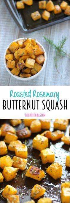 roasted rosemary butternut squash on a baking sheet and in a pan with the title text overlay