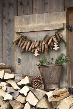 a potted plant sitting on top of a pile of firewood next to a bunch of pine cones