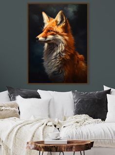 a painting of a fox on a wall above a bed in a room with grey walls