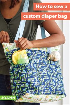 a woman holding a diaper bag with the title how to sew a custom diaper bag