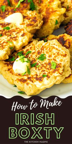 how to make irish boxy crab cakes on a white plate with text overlay