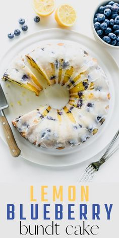 lemon blueberry bundt cake on a white plate