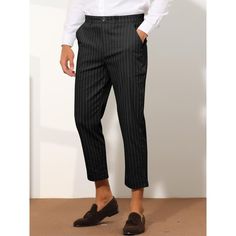 Lars Amadeus striped dress pants for men offer a slim fit and flat front design, perfect for a polished office look. These cropped ankle-length trousers feature a button closure and tapered tailoring, made from lightweight fabric for all-day comfort. The slim fit through the thigh and tapered leg hem highlight your figure, making them suitable for various occasions such as work, business meetings, parties, and family gatherings. Dress Pants For Men, Slim Fit Dress Pants, Office Pants, Business Pants, Mens Dress Pants, Solid Color Dress, Slim Fit Dresses, Pants For Men, Mens Plaid