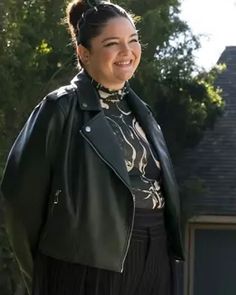 Megan Stalter, Blackish Outfits, Christmas Coat, Biker Leather Jacket, White Leather Jacket