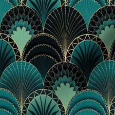 an art deco wallpaper with fan shapes in teal and gold on a black background