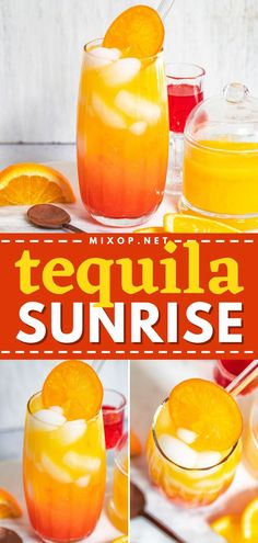 Learn how to make a Tequila Sunrise! This easy cocktail recipe lets you have an on the rocks drink with just 3 ingredients. Mixed with orange juice and a touch of grenadine, this tequila drink is not only beautiful but also refreshing and delicious! Easy Tequila Mixed Drinks, Orange Alcoholic Drinks, Tequila And Orange Juice, Tequila Drinks Easy, Tequila Sunrise Recipe, Simple Drinks, Tequila Mixed Drinks, Copycat Drink Recipes