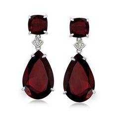 Ross-Simons - 25.00ct t. w. Garnet Drop Earrings, Diamond Accents in Silver. An RS exclusive. Bursting with the rich color of a perfectly aged merlot, these dramatic drop earrings deliver full-bodied color and glamorous shine. Featuring 25.00 ct. t. w. square cushion-cut and pear-shaped garnets and sparked with diamond accents. Set in polished sterling silver. Hanging length is 1 1/8". Post/clutch, garnet drop earrings. Garnet birthstones are the perfect gift for January birthdays. Formal Garnet Dangle Earrings, Formal Dangle Garnet Earrings, Elegant Garnet Drop Earrings, Classic Ruby Earrings For Formal Occasions, Elegant Garnet Teardrop Earrings, Elegant Burgundy Earrings For Formal Occasions, Elegant Garnet Gemstone Earrings, Elegant Drop Garnet Jewelry, Ruby Teardrop Earrings For Formal Occasions