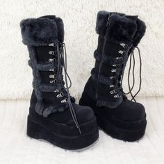 4.5" (12.7cm) Platform Goth Punk Calf Boots Faux Fur Trim And Upper Cuff Detail Full Inner Side Zipper Cushioned Foot-Bed Us Woman's Sizes New In Original Demonia Box Black Fur Boots, Demonia Boots, Demonia Shoes, Dr Shoes, Snow Outfit, Emo Outfits, Platform Loafers, Star Shoes, Foot Bed