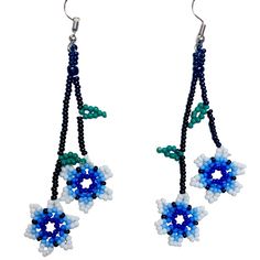 Blue Flowers Earrings Huichol Art Sz 3” E-159 #Huicholart #Handmadejewelry #Earringsflower Taco Earrings, Flowers Earrings, Huichol Art, Cactus Earrings, Jewelry Blue, Leaf Flowers, Art Color, Wooden Earrings, Vintage Turquoise