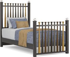 a bed with wooden posts and a blue bedspread is shown in front of a white background