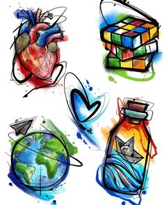 four different colored drawings of hearts and boxes