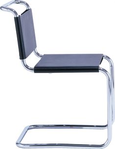 a black leather chair with chrome frame and back support, viewed from the front angle