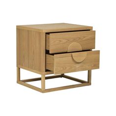 a wooden nightstand with two drawers on one side and an open drawer on the other