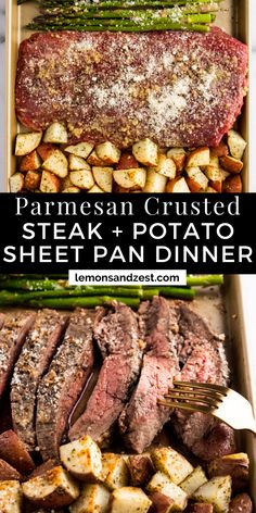 steak, potatoes and asparagus in a pan with text overlay that reads simple sheet pan parmesan crusted steak dinner