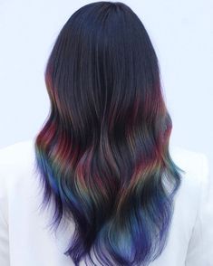 Dark Rainbow Hair, Rainbow Hair Highlights, Oil Slick Hair Color, Oil Slick Hair, Holographic Hair, Peekaboo Hair