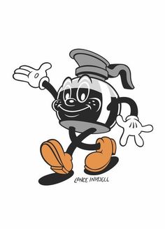 an image of a cartoon character in black and white with orange mitts on his feet