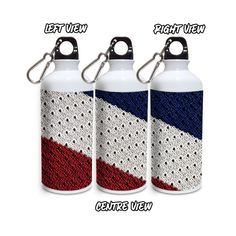 three different styles of water bottles with the same color and pattern on each one side