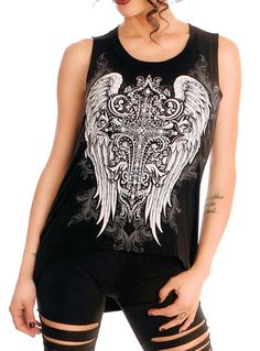 Folter Women's Black Gothic Tank Top with Back Cut Outs Gothic Tank Tops, Country Jeans, Edgy Woman, Punk Outfits, Black Tank Top, Out Back, Sleeveless Tunic, Rhinestone Studs, Black Tank