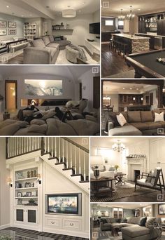 a series of photos showing different rooms and furnishings in a house with stairs leading up to the second floor