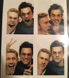 four pictures of men making funny faces with their mouths open and fingers in the air