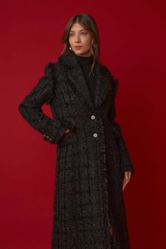 ENDLESS ROSE - Premium Long Tweed Coat - COATS available at Objectrare Luxury Winter Tweed Dress, Luxury Tweed Dress For Winter, Luxury Tweed Party Dress For Fall, Luxury Winter Tweed Dress For Formal Occasions, Luxury Tweed Dress For Winter Formal, Luxury Tweed Dress For Formal Winter Occasions, Luxury Tweed Dress For Formal Winter Events, Elegant Tweed Wool Coat With Buttons, Elegant Long Tweed Wool Coat