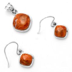 Natural Red Sponge Coral 925 Sterling Silver Pendant Earrings Jewelry Set T-1002 Orange Sterling Silver Jewelry With Gemstone, Gift Pendant Earrings With Polished Finish, Red Polished Earrings For Gift, Fine Jewelry In Orange Sterling Silver, Orange Sterling Silver Fine Jewelry, Orange Sterling Silver Round Jewelry, Red Rectangular Sterling Silver Jewelry, Rectangular Red Sterling Silver Jewelry, Orange Fine Jewelry With Matching Earrings