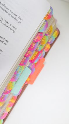 a stack of sticky notes sitting on top of an open book