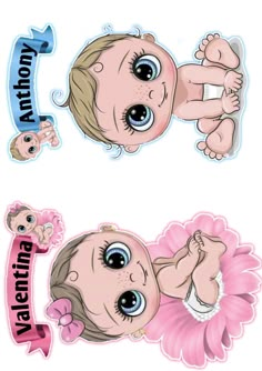 two stickers with babies on them, one is pink and the other has blue eyes