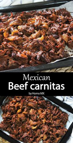 mexican beef carnitas recipe is shown in two pans with the title above it