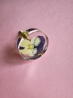 a glass vase with a flower in it on a pink surface