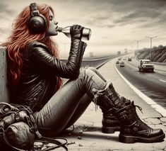 a woman with headphones sitting on the side of a road drinking from a cup