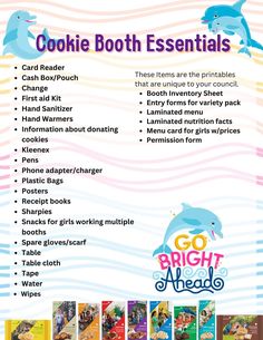 an advertisement for cookie booth essentials with pictures of different items and text on it