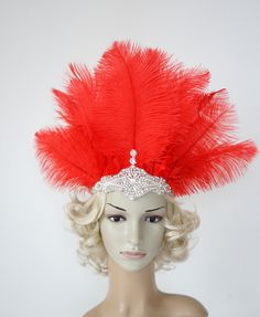 Red Feather crystal carnival headdress fascinator,  Red Gatsby flapper headband, 1920's flapper Headpiece headband, Samba party Crystal Headband headdress Beautiful carnival Style, Great Gatsby inspirated design - flapper rhinestone and big feathers headband. Perfect for a carnival part , vintage party, or a 1920's wedding or Great Gatsby party. Big clear crystal rhinestone haedband embellished with rhinestone applique. This sparkly headband is very unique and wow looking. There are big ostrich Luxury Headpieces For Carnival, Luxury Evening Carnival Headpieces, Luxury Handmade Headpieces For Carnival, Luxury Handmade Carnival Headpieces, Carnaval Design, Carnival Headdress, Sparkly Headband, 1920's Wedding, Flapper Headpiece