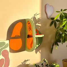 there is a potted plant on the wall next to a green shelf with orange shoes