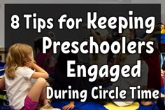 children sitting on the floor with their hands up in front of them and text that reads 8 tips for keeping preschoolers engaged during circle time