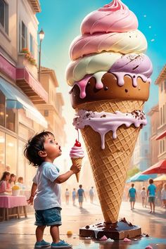 a little boy standing next to an ice cream cone with pink and white toppings