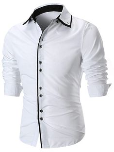 Button Down Covered Edge Collar Shirt - White - 3086732816 - Men's Clothing, Men's Tops & T-Shirts, Men's Shirts  #MensShirts #Men's #Clothing # #Men's #Tops #& #TShirts # #Men's #Shirts Slim Fit Shirt With Casual Collar And Placket, White Long Sleeve Shirt With Placket, Slim Fit Tops With Buttons And Spread Collar, Casual White Dress Shirt With Casual Collar, White Cotton Shirt With Button Closure, White Slim Fit Shirt With Casual Collar, White Long Sleeve Shirt With Button Closure, White Long Sleeve Buttoned Shirt, White Long Sleeve Shirt With Buttons