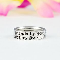 "This listing is for 2 stainless steel band rings, one is engraved with \"Friends by Heart\" with a heart symbol, one is engraved \"Sisters by Soul\" with a heart symbol. It makes a very cute gift for best friends, forever sisters. Materials & Features: This ring is made of high quality hand polished stainless steel, which is hypoallergenic (good for metal-sensitive skin). Stainless steel will not tarnish, its luster and durability makes it to be used for a lifetime. Sizes: This ring is 3 mm wid Sister Rings For 3 Simple, Three Best Friend Rings, Best Friend Rings For 3 Friendship, Friendship Rings For 4 Friends, Friendship Rings For 3 Bff, Friendship Rings For 2 Best Friends, Sisters By Heart, Sorority Sisters, Heart Symbol