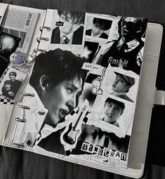 an open book with pictures and photos on it, including the pages in black and white