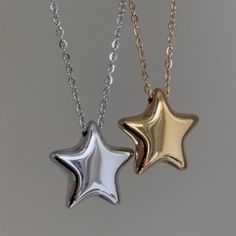 "Puffed Big Star Necklace in Gold & Silver ✨✨ Fully stainless steel & tarnish proof! (18k gold plated) 17.5\" with an extender for adjustability!  oval link chain style featuring a puffed star pendant 🤍 pendants are just under 1\"! Handmade with love!" Star Jewelry Necklace, Jewelry Star, Silver Star Necklace, Star Necklace Gold Thick Chain, Puffy Star Necklace, Unique Star-shaped Necklace For Gift, Necklace Pendant, Chunky Star Necklace, Unique Star-shaped Gift Necklace