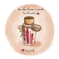 a jar filled with lots of red hearts on top of a white background and a sign that says, we love you