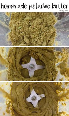 three pictures showing how to make homemade pistachio butter for cookies and pies