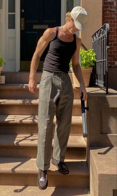 Mens Wifebeater Outfit, Mens Nightlife Outfit, Masculine Male Outfits, Beater Outfits Men, Men Wife Beater Outfits, Sando Outfit For Men, Mens Feminine Fashion, Vintage Summer Outfits Men, Black Tank Top Outfit Men