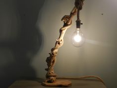 a lamp that is sitting on top of a wooden table next to a light bulb