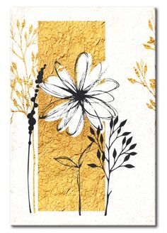 an abstract painting with flowers and leaves on gold foiled paper, in the shape of a rectangle