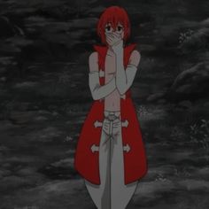 an anime character is covering her face while standing in front of a dark background with rocks and grass