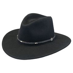 -Made In The Usa -Pinch Front Crown -3 1/8 Inch Brim -Leather Hat Band -Black Wool Felt Classic Black Hat For Ranch, Black Wide-brim Riding Hat, Black Wide Brim Riding Hat, Fitted Black Leather Hat, Black Fitted Leather Hat, Black Short Brim Felt Hat For Ranch, Black Curved Brim Hat Bands For Ranch, Black Flat Brim Felt Hat For Ranch, Black Short Brim Hat For Ranch