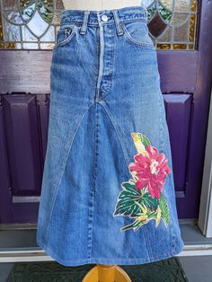 Vintage Denim Skirt With Pockets, Vintage Denim Skirt With Pockets For Spring, Vintage Cotton Denim Skirt, Vintage High Waist Denim Skirt For Spring, Retro Denim Skirt For Spring, Vintage Upcycled Medium Wash Bottoms, Vintage Denim Skirt For Spring, Vintage Denim Patchwork Skirt, Vintage Denim Skirt With Patchwork