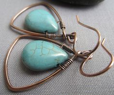 Copper+Wire+Earrings/+Wire+Earrings+with+Turquois+by+mese9+on+Etsy Copper Wire Earrings, Wire Jewelry Earrings, Artisan Earrings, Homemade Jewelry, Earrings Inspiration, Wire Wrapped Earrings