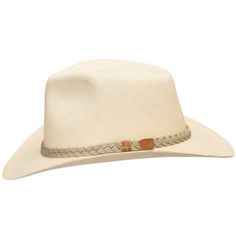 Authentic Aficionado is a safari-style fedora with a reinforced hand-blocked teardrop crown that features a wide fixed brim, padded twill sweatband, and a rustic braided rope hatband. The brim is fixed down in the front and back while containing a wire to hold its shape. This item is a genuine Panama Hat handwoven in Ecuador. Material: 100% Toquilla Straw Brim: 3" fixedCrown: 4 1/4" teardropHatband: 5/8" braided ropeClimate: Sun Handwoven in Ecuador. Hand-finished in the US. Measurements are app Western Braided Fedora With Short Brim, Western Style Fedora With Short Brim And Braided Detail, Western Toquilla Straw Hat For Travel, Western Style Toquilla Straw Travel Hat, Western Braided Fedora Hats, Country Style Beige Hat Bands For Travel, Western Style Short Brim Panama Hat For Travel, Casual Cream Hat Bands For Rodeo, Braided Western Fedora Hats